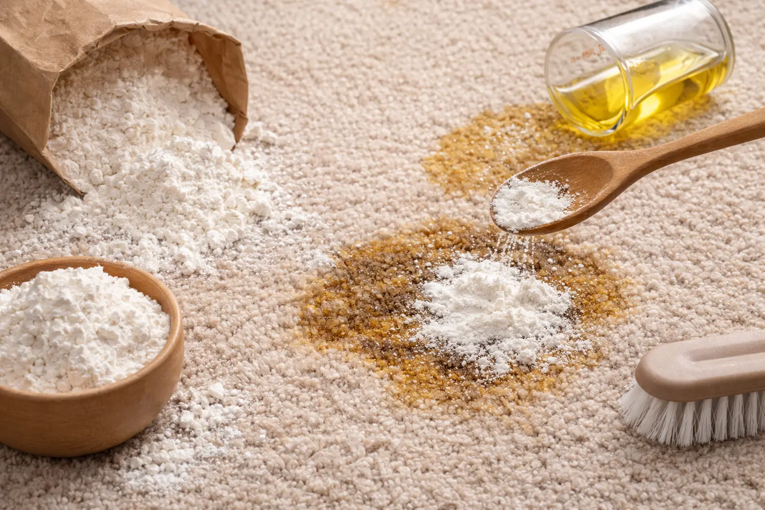 Der Trick mit Mehl, der Fettflecken auf Teppichen entfernt